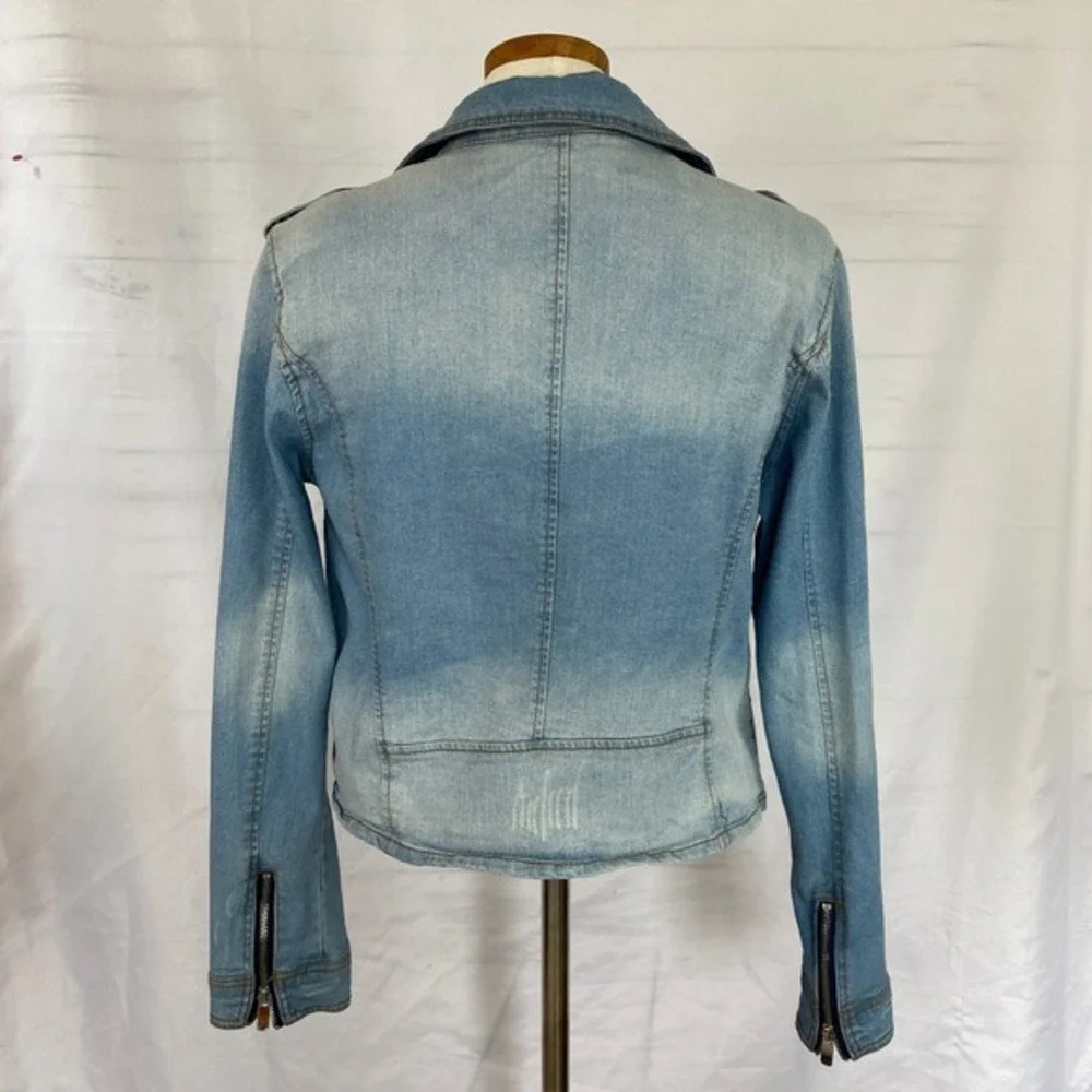 Ashley Vintage Charm Y2K Bikercore Moto Denim Jacket Women L‎ Blue Grunge